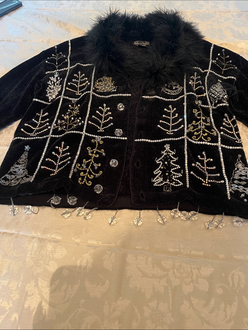 Black Beaded Holiday Sweater Jacket with Faux Fur Collar